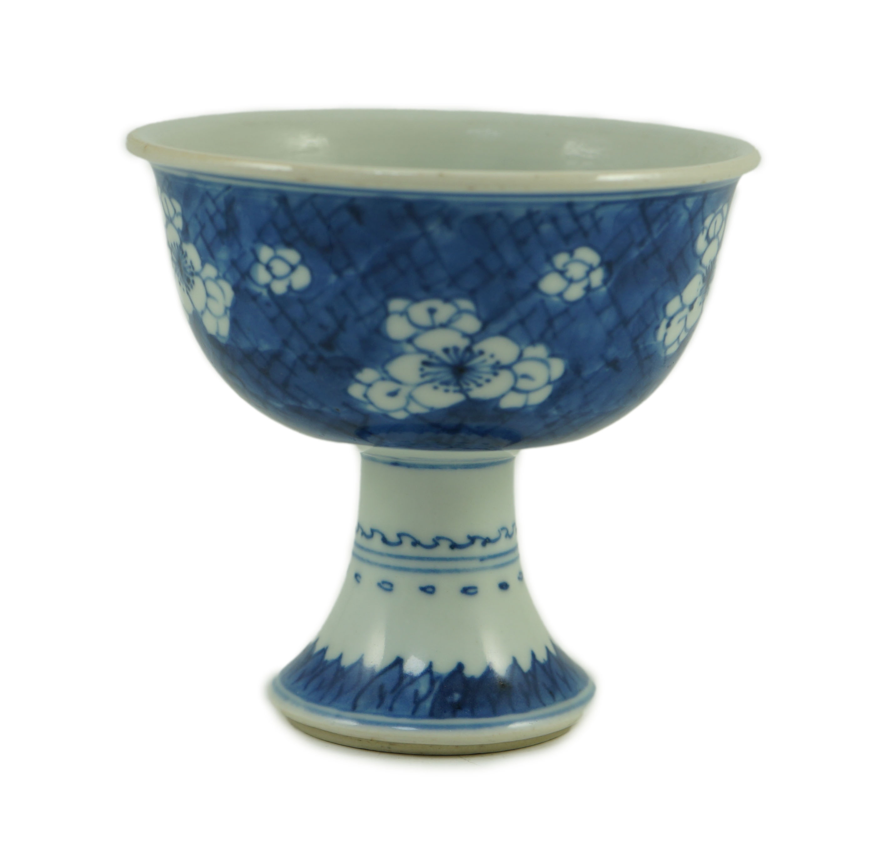 A Chinese blue white stem cup, Kangxi period, 11 cm high